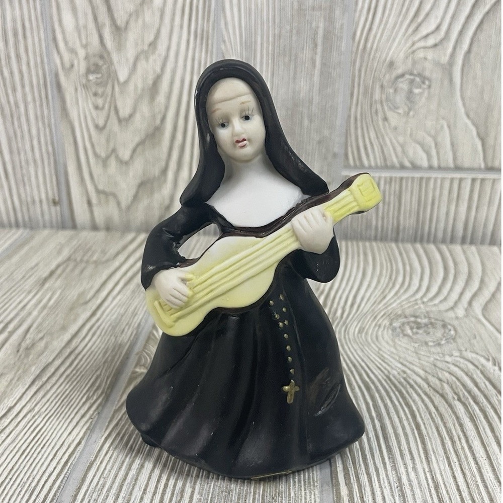 Vintage JB Porcelain Nun Playing Guitar Figurine Bell Matte Black 4.5 Inch